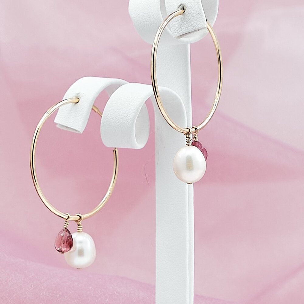 Pearl & Pink Tourmaline Hoop Earrings, 14K Gold Filled